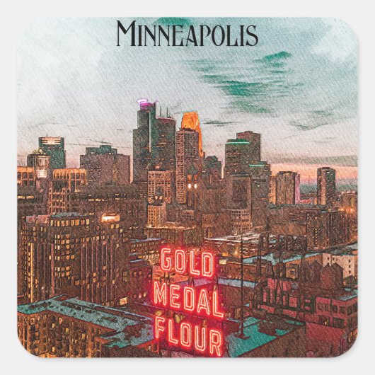 Retro Minneapolis Minnesota Travel Skyline Vierkante Sticker (Voorkant)
