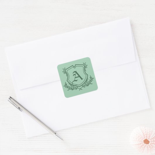 Retro Mint Blad en Bloemen Monogram Bruiloft Vierkante Sticker (Envelop)