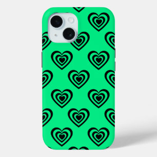 Retro Mint Green Hypnotic Heart Pattern iPhone 15 Case