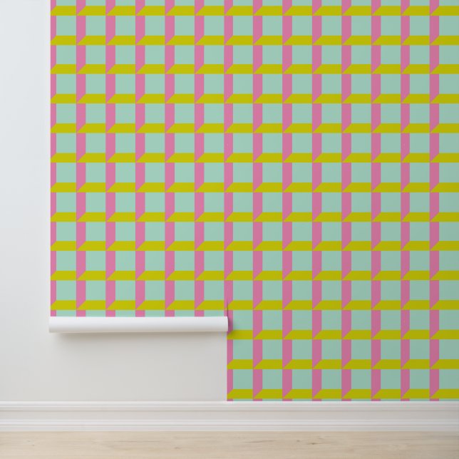 Retro Mint Groen Roze Pastel Geometrisch Op Art Behang (Applicatie)