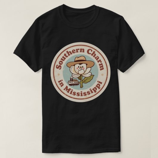 Retro Mississippi Badge_ Magnolia met stoomboot T-shirt (Design voorkant)