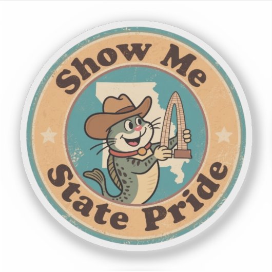 Retro Missouri Badge_ Catfish Holding Gateway Arch Sticker (Voorkant)