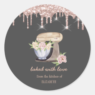 Retro Mixer Bloemen Roze Goud Druppels Bakkerij Ronde Sticker