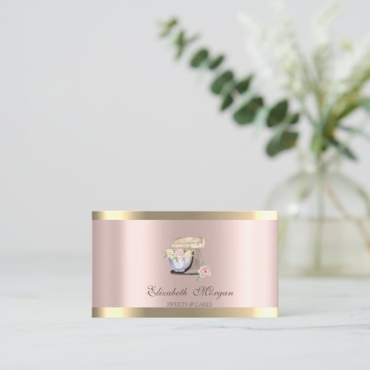 Retro Mixer Gouden Streep Roos Gouden Bakkerij Visitekaartje (Staand voorkant)