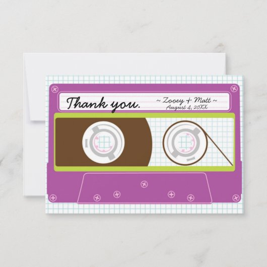 Retro Mixtape bruiloft Paarse en Limoen Bedankkaart (Voorkant)