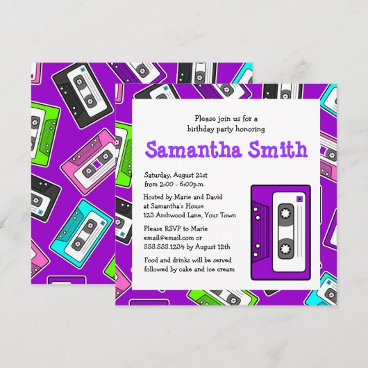 Retro Mixtape met gemartday party nodigt Paars uit Kaart (Voorkant / Achterkant)