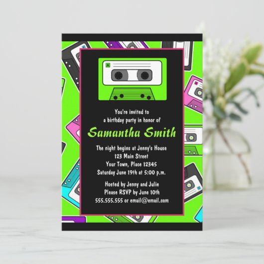 Retro Mixtape met uitnodiging van Birthday (Staand voorkant)