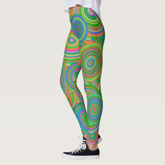 Retro mod abstracte cirkels, Groen en Oranje-rood Leggings (Links)