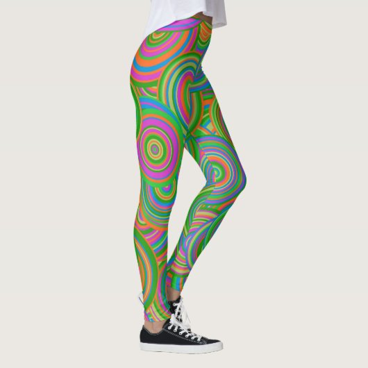 Retro mod abstracte cirkels, Groen en Oranje-rood Leggings (Rechts)