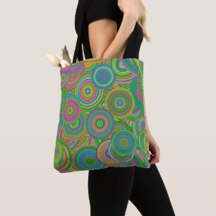 Retro mod abstracte cirkels, groen en oranje-rood tote bag