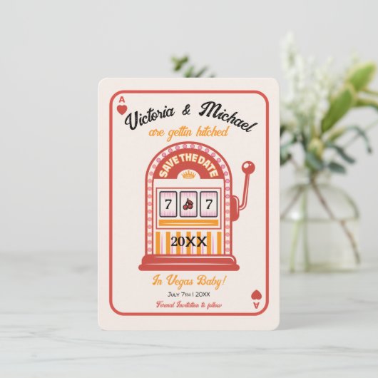 Retro Mod Bewaar de datum Slot Machine Bruiloft Kaart (Staand voorkant)