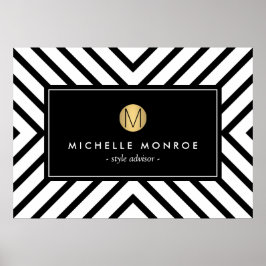 Retro Mod Black en White Pattern Gold Monogram Poster