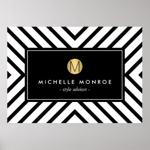 Retro Mod Black en White Pattern Gold Monogram Poster
