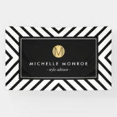 Retro Mod Black en White Pattern Gold Monogram Spandoek (Horizontaal)