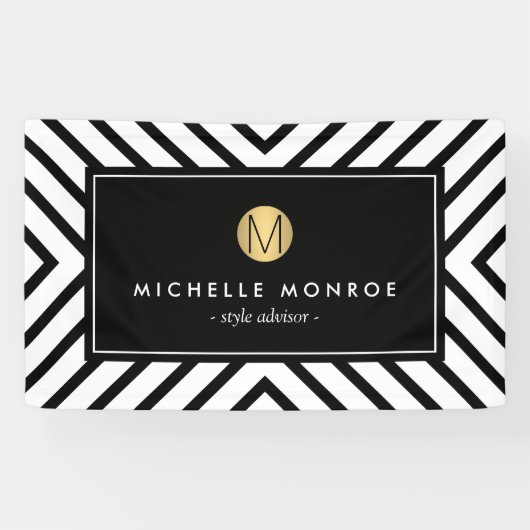 Retro Mod Black en White Pattern Gold Monogram Spandoek (Horizontaal)