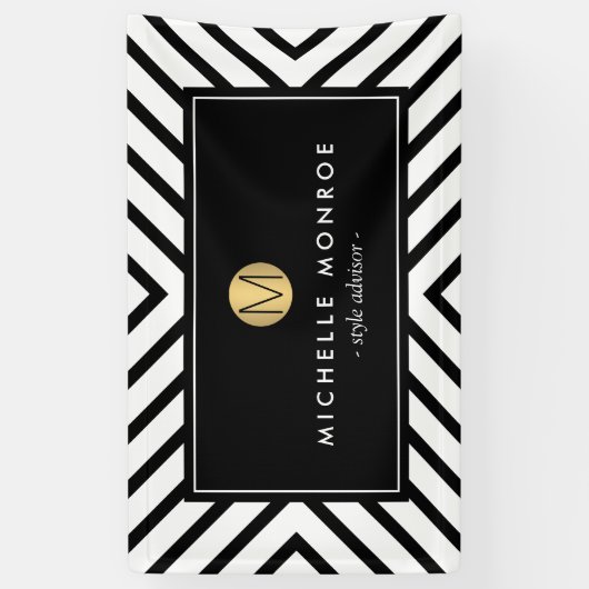 Retro Mod Black en White Pattern Gold Monogram Spandoek (Verticaal)
