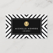 Retro Mod Black en White Pattern Gold Monogram Visitekaartje (Voorkant)
