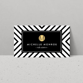 Retro Mod Black en White Pattern Gold Monogram Visitekaartje