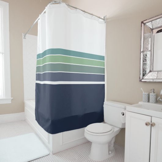 Retro/Mod blauw en groen gestreept Douchegordijn (In situ)