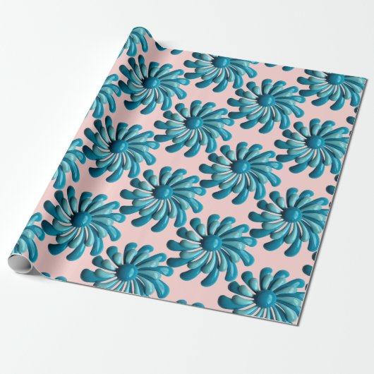 Retro MOD Blauwe Bloemen Lente Zomertuin Cadeaupapier (Uitgerold)