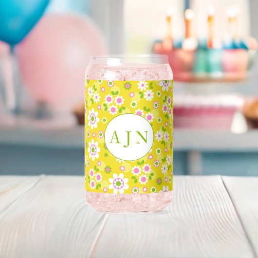 Retro Mod Bloemen Geel & Wit Monogram Blikvorm Glas (Insitu (Baby Shower))