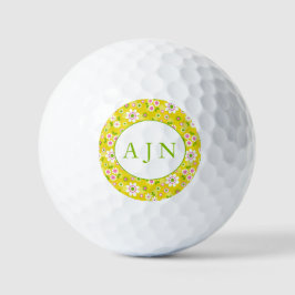 Retro Mod Bloemen Geel & Wit Monogram Golfballen