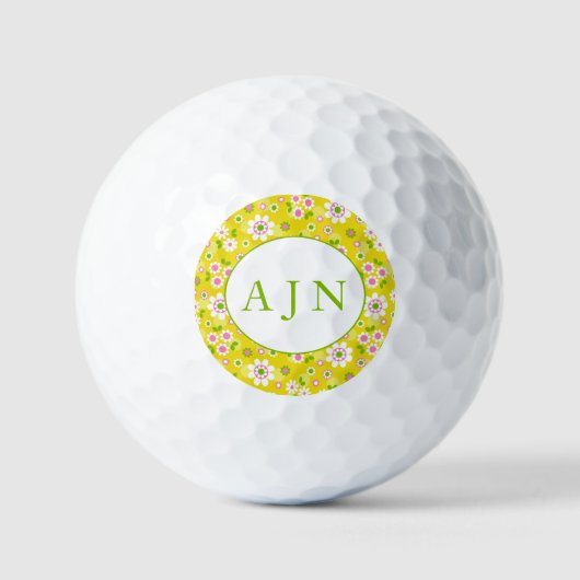 Retro Mod Bloemen Geel & Wit Monogram Golfballen (Voorkant)
