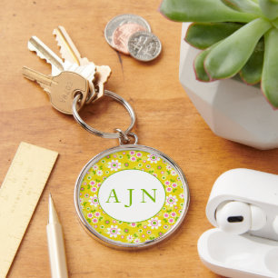 Retro Mod Bloemen Geel & Wit Monogram Sleutelhanger