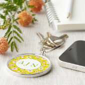 Retro Mod Bloemen Geel & Wit Monogram Sleutelhanger (Zijkant)