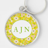 Retro Mod Bloemen Geel & Wit Monogram Sleutelhanger (Voorkant)