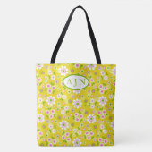 Retro Mod Bloemen Geel & Wit Monogram Tote Bag (Voorkant)
