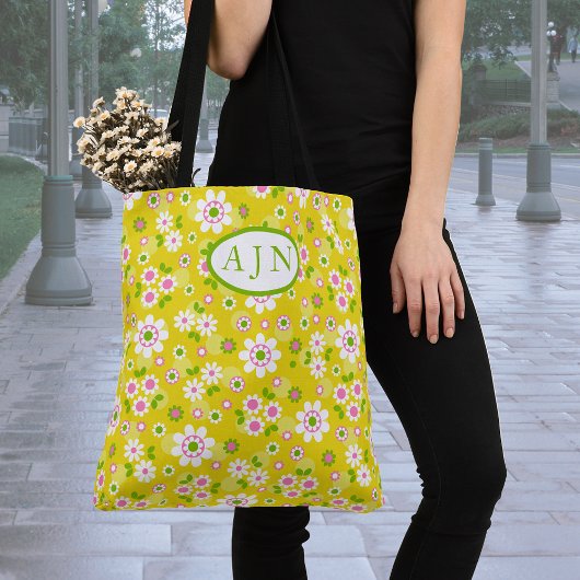 Retro Mod Bloemen Geel & Wit Monogram Tote Bag