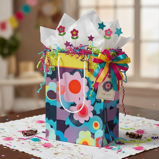 Retro mod bloemen middelgrote cadeautas
