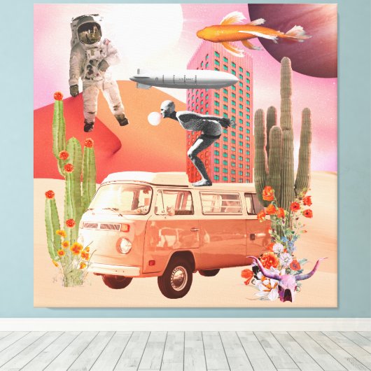 Retro Mod Collage Icons Desert Spaceman Canvas Afdruk (Insitu (Houten vloer))