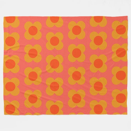 Retro Mod Flower Pattern in Oranje Fleece Deken (Voorkant (Horizontaal))