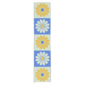 Retro Mod Flowers Patroon in Blauw en Geel Korte Tafelloper (Voorkant)