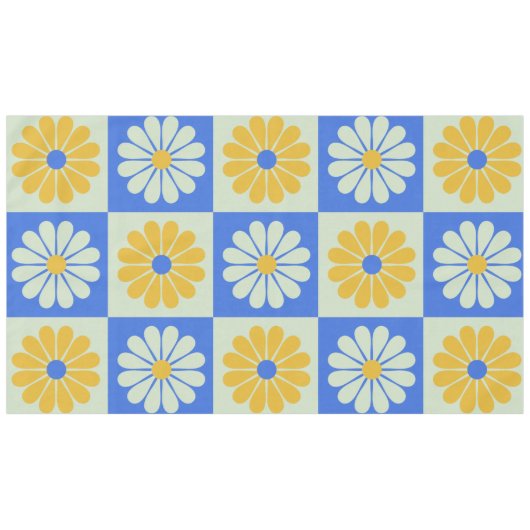 Retro Mod Flowers Patroon in Blauw en Geel Tafelkleed (Voorkant (Horizontaal))