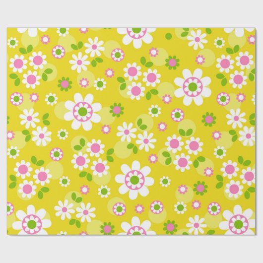 Retro Mod Flowers Yellow & White Cadeaupapier (Vlak)