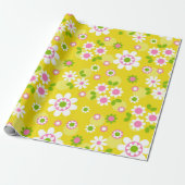 Retro Mod Flowers Yellow & White Cadeaupapier (Uitgerold)