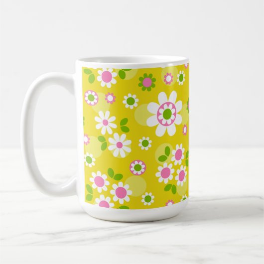 Retro Mod Flowers Yellow & White Koffiemok (Links)
