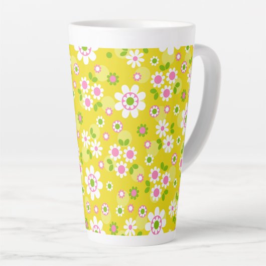 Retro Mod Flowers Yellow & White Latte Mok (Rechterhoek)