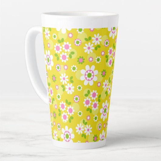 Retro Mod Flowers Yellow & White Latte Mok (Linkerhoek)
