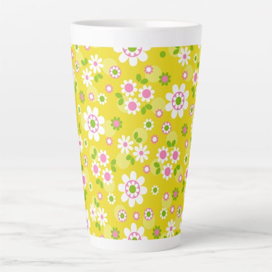 Retro Mod Flowers Yellow & White Latte Mok (Voorkant)