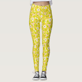 Retro Mod Flowers Yellow & White Leggings