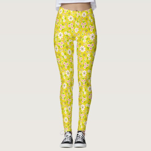 Retro Mod Flowers Yellow & White Leggings (Voorkant)