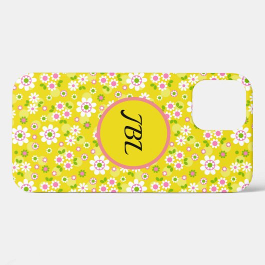 Retro Mod Flowers Yellow & White Monogram Case-Mate iPhone Case (Achterkant (horizontaal))