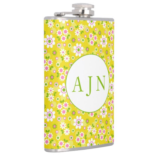 Retro Mod Flowers Yellow & White Monogram Heupfles (Rechts)