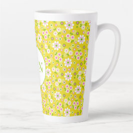 Retro Mod Flowers Yellow & White Monogram Latte Mok