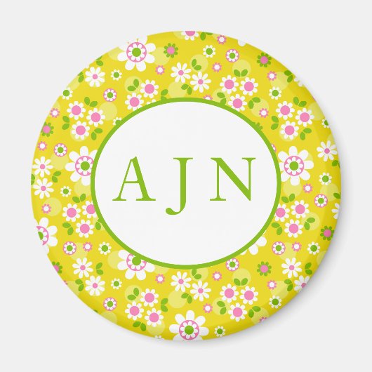 Retro Mod Flowers Yellow & White Monogram Magneet (Voorkant)