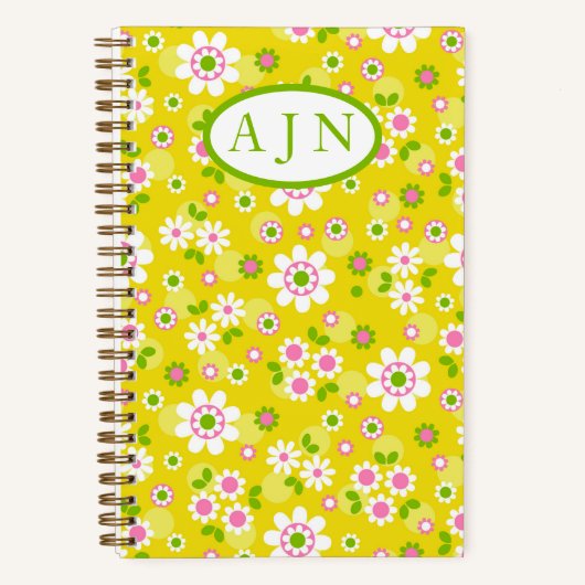 Retro Mod Flowers Yellow & White Monogram Notitieboek (Voorkant)